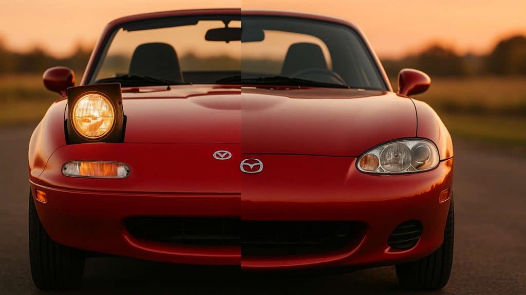 Comparatif visuel Mazda MX-5 NA avec phare escamotable et Mazda MX-5 NB à phares fixes, vues de face côte à côte