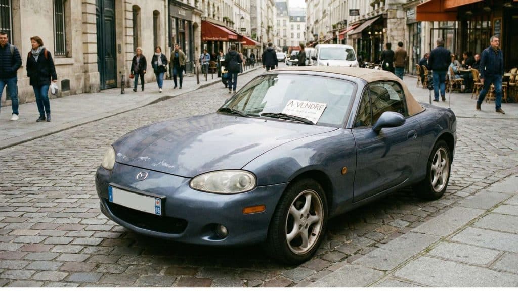 Mazda MX-5 NB bleu à vendre, stationnée dans une rue pavée en centre-ville