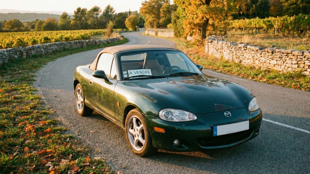 Mazda MX-5 NB verte d'occasion, avec panneau 'À VENDRE', sur une route de campagne en automne