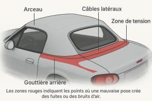 Schéma des zones sensibles lors de la pose d’une capote de Mazda MX-5 NB montrant l’arceau, les câbles latéraux, la gouttière arrière et la zone de tension