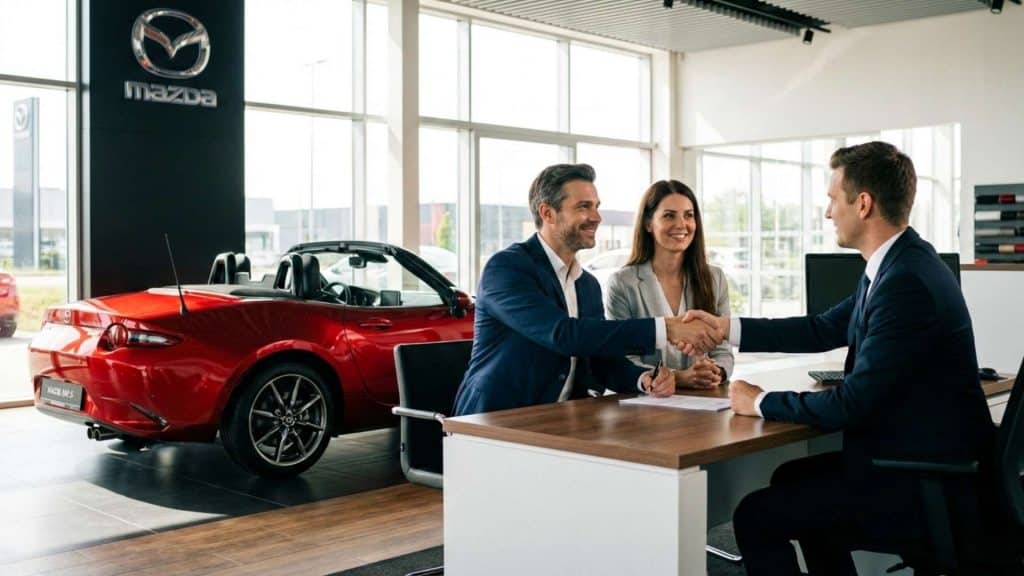 Signature d’un contrat de vente dans une concession Mazda avec un couple et un vendeur devant une Mazda MX-5 rouge décapotable.