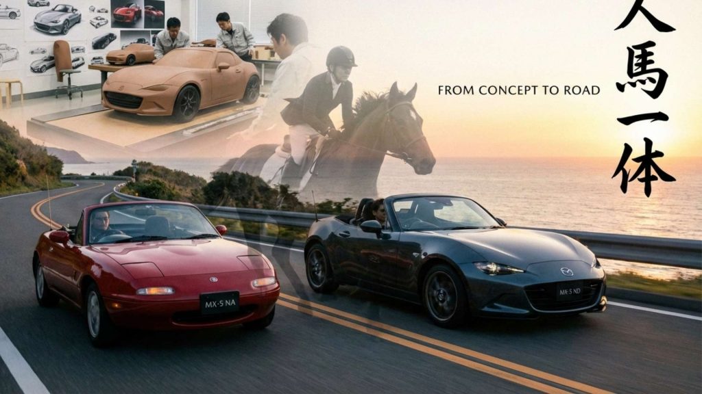 Composition photoréaliste en format 16_9 illustrant le concept Jinba Ittai (cavalier et cheval ne font qu'un) appliqué à la Mazda MX-5