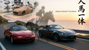 Composition photoréaliste en format 16_9 illustrant le concept Jinba Ittai (cavalier et cheval ne font qu'un) appliqué à la Mazda MX-5