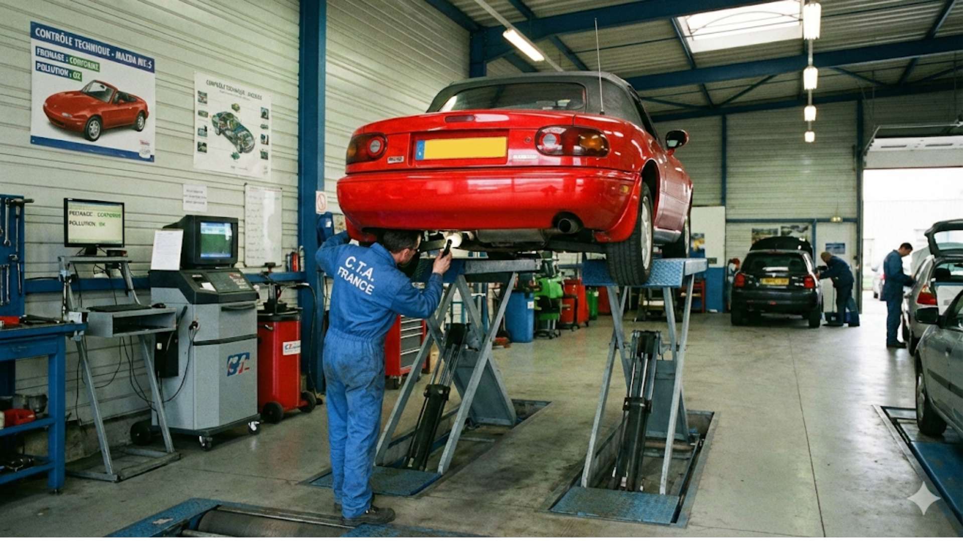 Contrôle technique d'une Mazda MX-5 rouge soulevée sur un pont avec technicien vérifiant le dessous