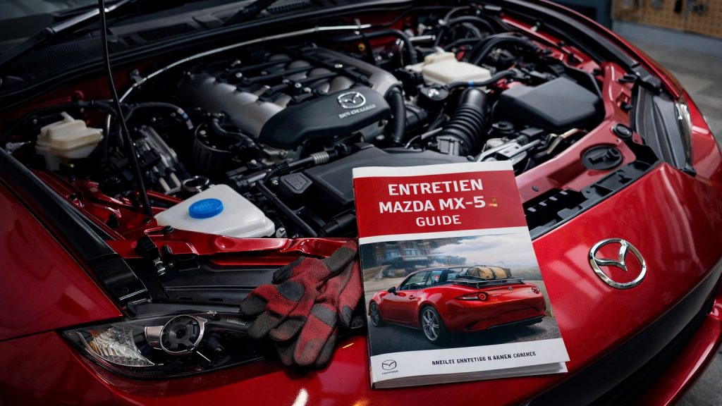 Gros plan photoréaliste du moteur d’une Mazda MX-5 avec un guide d’entretien posé sur l’aile dans un garage.