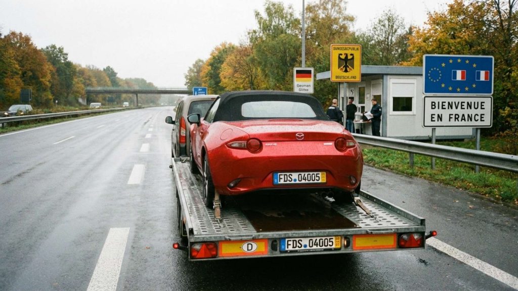 Une Mazda MX-5 rouge décapotable, posée sur une remorque, traverse la frontière entre l'Allemagne et la France sous un ciel gris et pluvieux