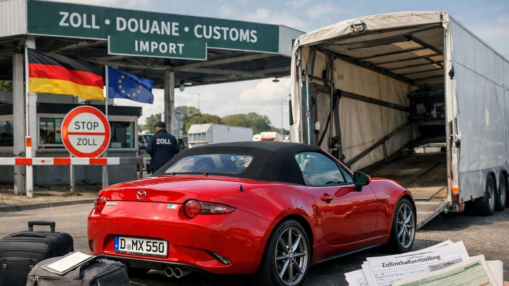 Mazda MX-5 rouge en cours d’importation depuis l’Allemagne, contrôlée à un poste de douane européen avec documents administratifs.