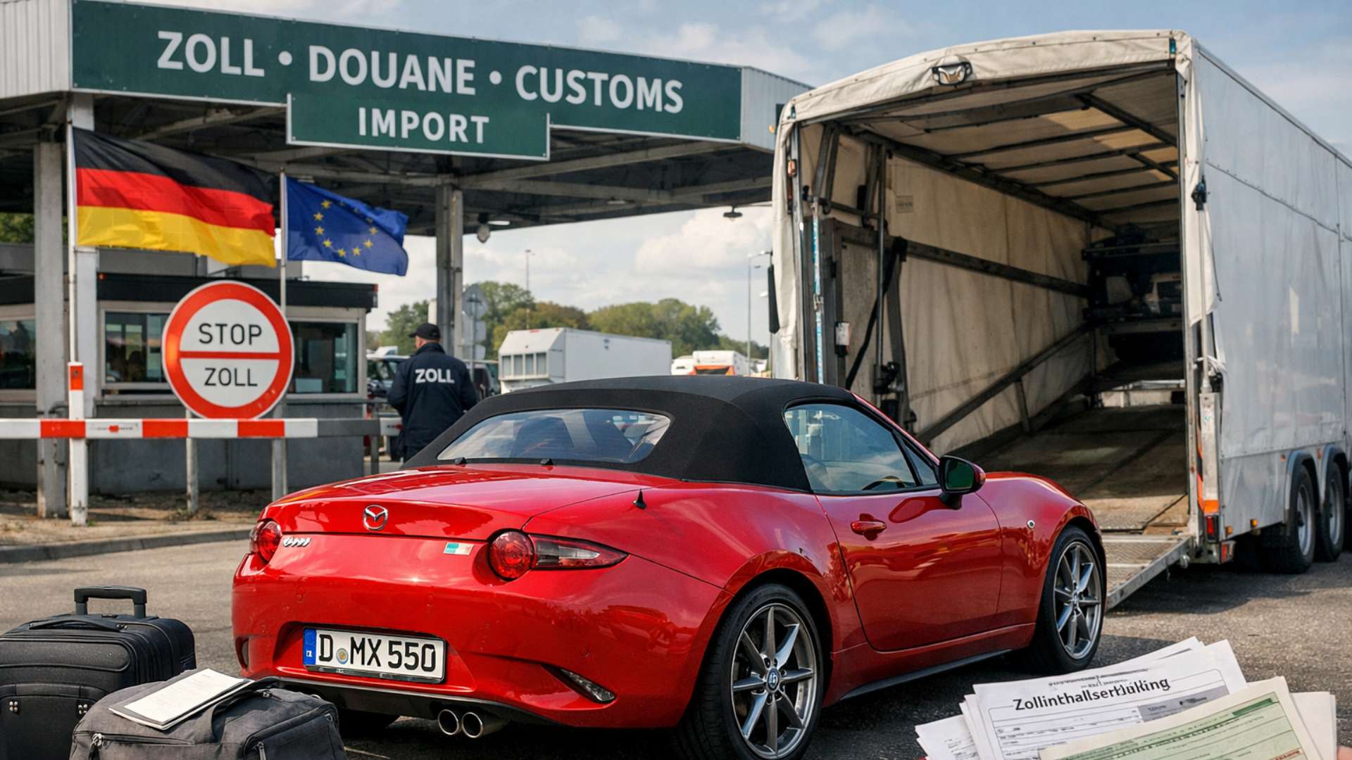 Mazda MX-5 rouge en cours d’importation depuis l’Allemagne, contrôlée à un poste de douane européen avec documents administratifs.