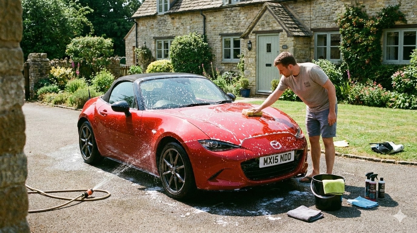 Un homme nettoie une Mazda MX-5 rouge à la main devant une maison en pierre, par beau temps.