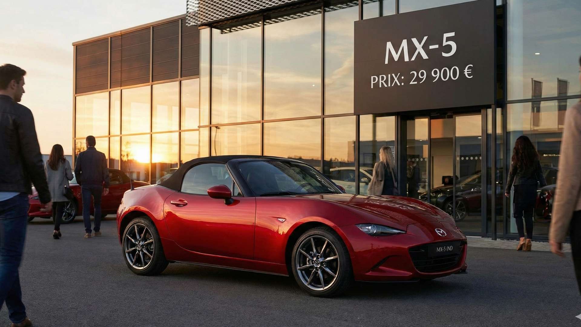 MX-5 Mazda rouge cabriolet garée devant une concession affichant "MX-5 PRIX: 29 900 €" sur sa façade vitrée au coucher du soleil.