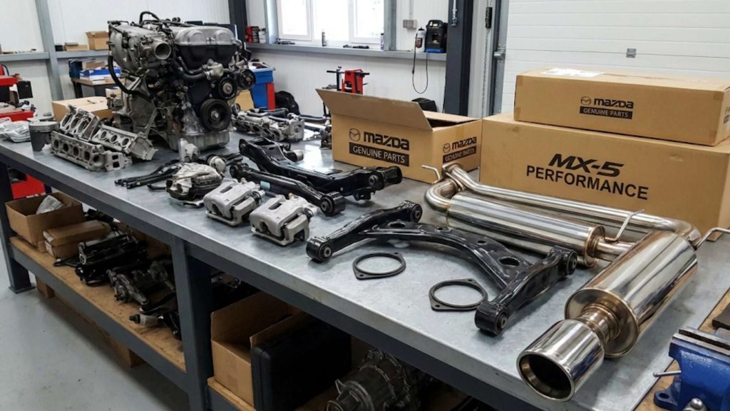 Vue d'ensemble d'un atelier spécialisé dans les pièces de Mazda MX-5, montrant plusieurs voitures en réparation, des mécaniciens travaillant sur les moteurs, et des étagères remplies de pièces de rechange, y compris des moteurs, des systèmes d'échappement et des suspensions