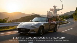 Mazda MX-5 Miata grise décapotée en mouvement sur une route sinueuse au lever ou coucher du soleil, avec une superposition fantomatique d'un archer japonais à cheval, symbolisant la philosophie _Jinba Ittai