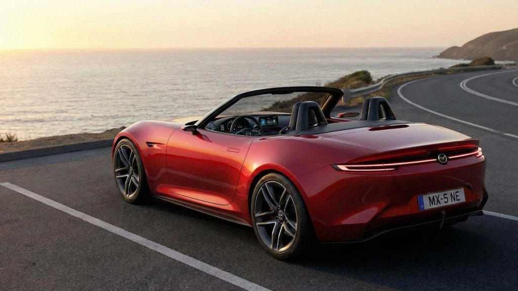 Mazda MX-5 NE décapotable rouge garée sur une route côtière au coucher du soleil.