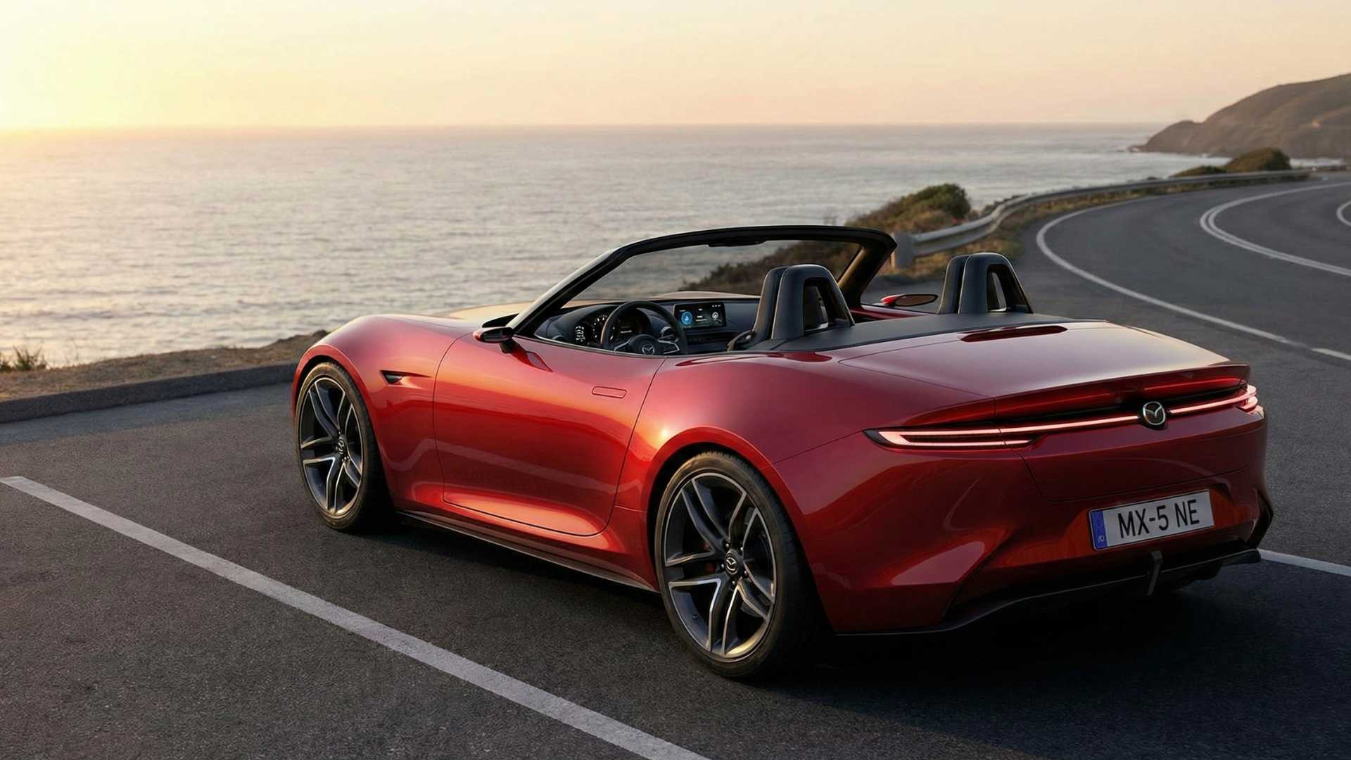 Mazda MX-5 NE décapotable rouge garée sur une route côtière au coucher du soleil.