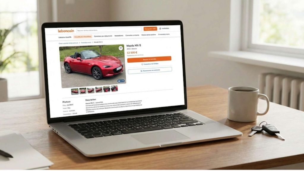 Ordinateur portable affichant une annonce Le Bon Coin pour une Mazda MX-5 rouge décapotable, posé sur un bureau en bois à côté d'une tasse de café et de clés de voiture.