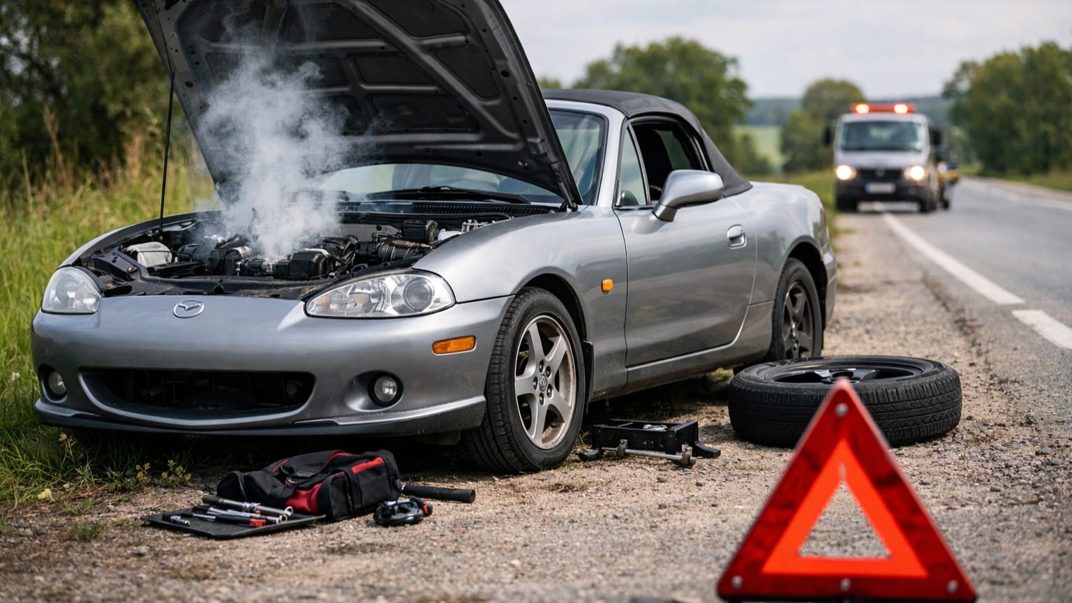 Mazda MX-5 NBFL grise avec pannes sur le bord de la route, capot ouvert avec fumée moteur et triangle de signalisation.