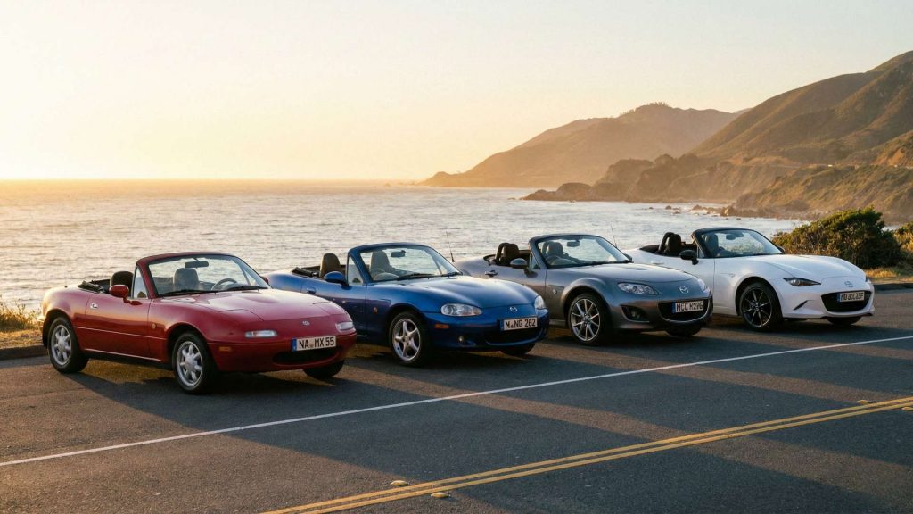 Quatre générations de Mazda MX-5 Miata cabriolets (NA, NB, NC et ND) sont alignées sur le bord d'une route côtière ensoleillée au coucher du soleil, faisant face à l'océan.