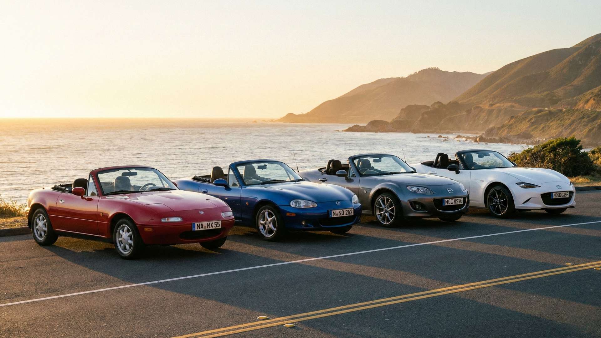 Quatre générations de Mazda MX-5 Miata cabriolets (NA, NB, NC et ND) sont alignées sur le bord d'une route côtière ensoleillée au coucher du soleil, faisant face à l'océan.