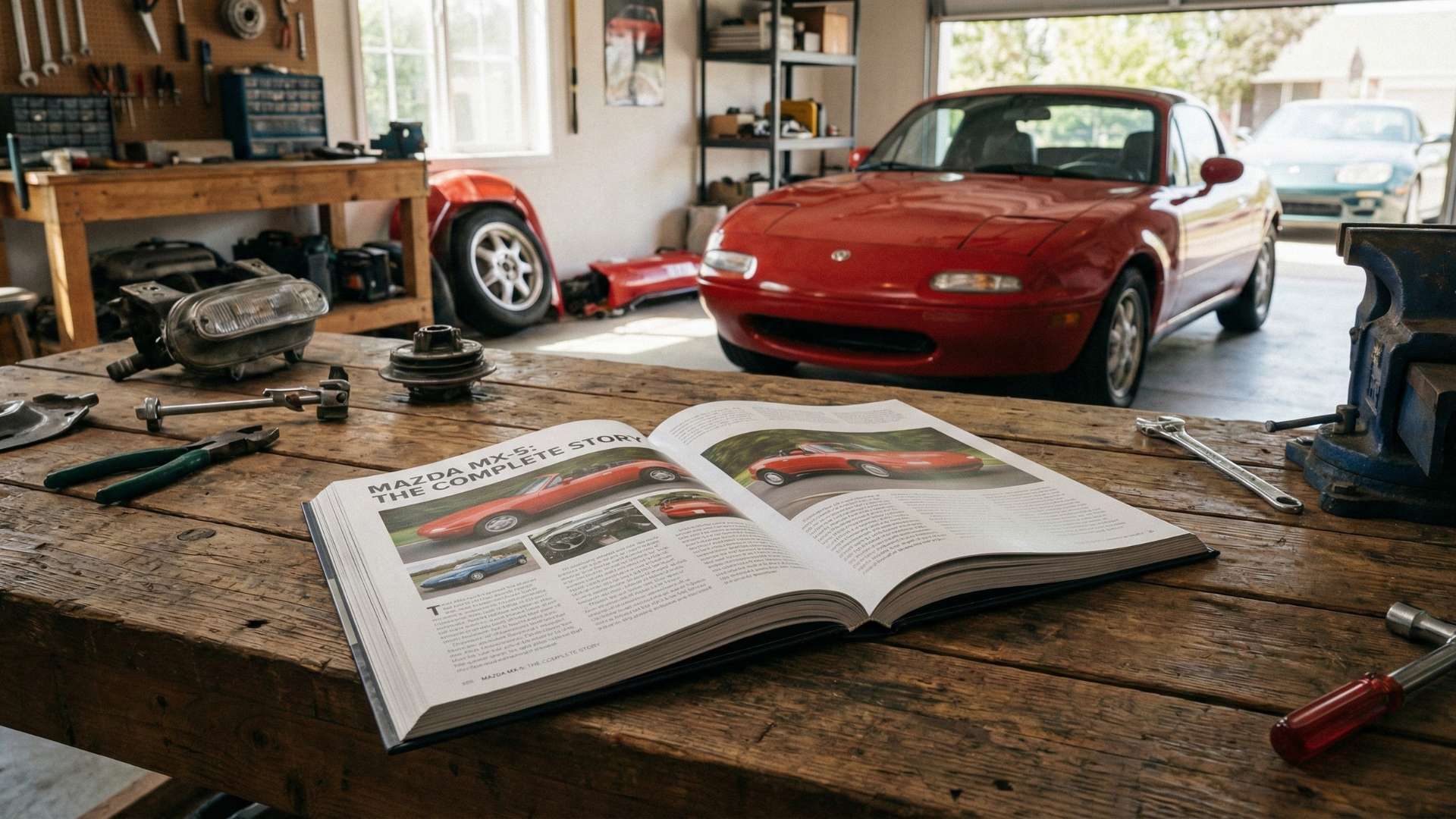 Un gros plan d'un livre ouvert sur la Mazda MX-5 Miata posé sur un établi en bois dans un garage, avec une Mazda MX-5 Miata rouge de première génération (NA) garée en arrière-plan
