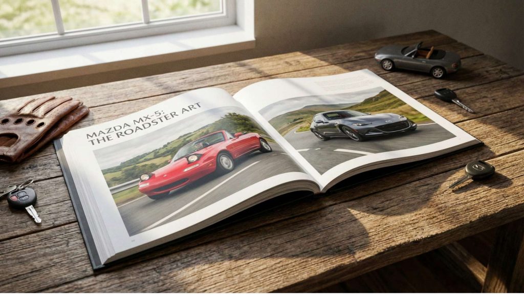 Un livre de collection intitulé _Mazda MX-5_ The Roadster Art_ est ouvert sur une table en bois rustique