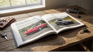 Un livre de collection intitulé _Mazda MX-5_ The Roadster Art_ est ouvert sur une table en bois rustique
