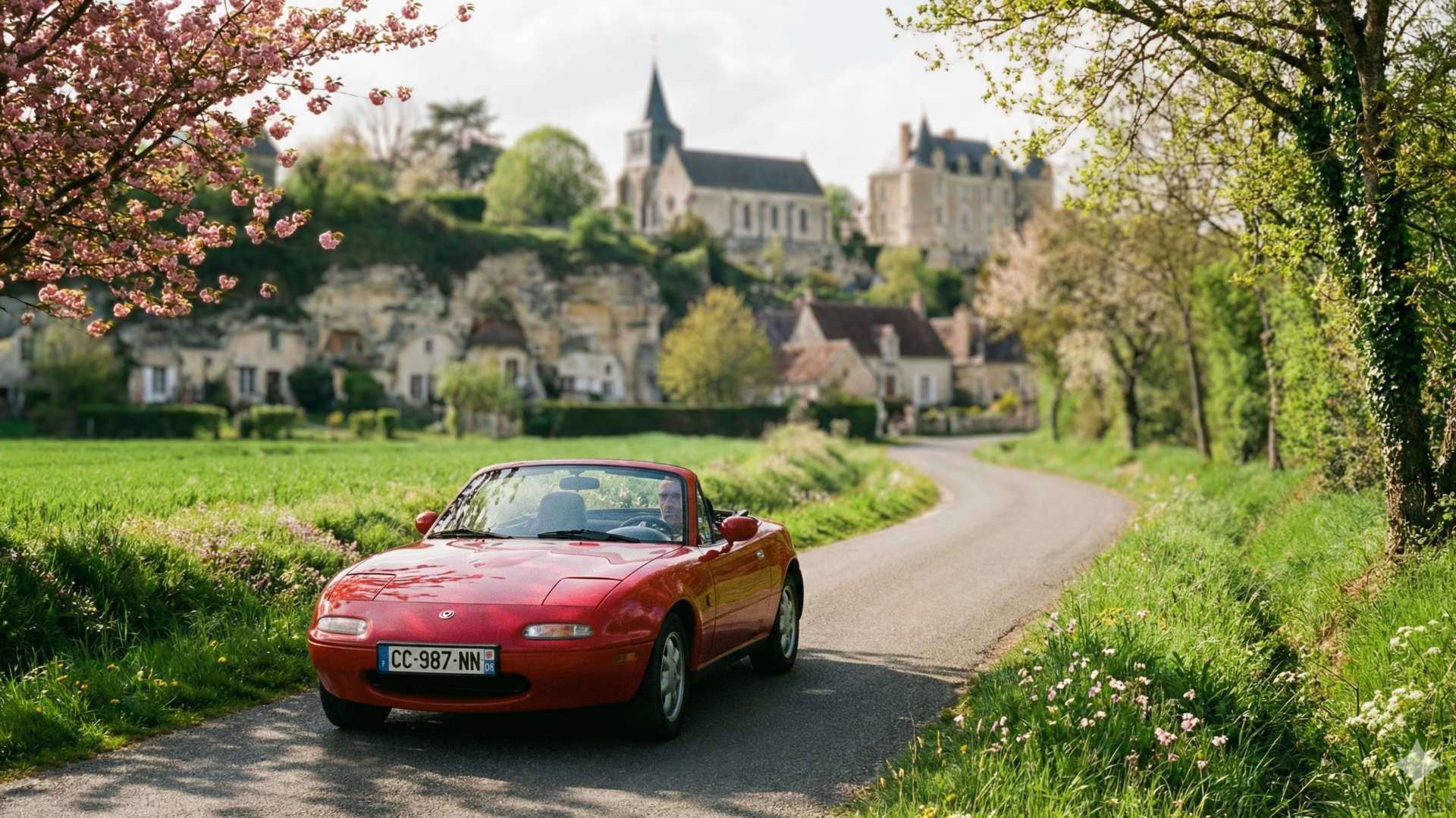 Une Mazda MX-5 NA rouge décapotée roule sur une petite route de campagne sinueuse au milieu d'une végétation luxuriante de printemps