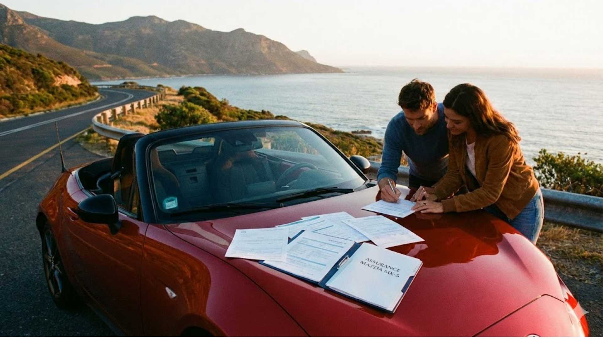 Une Mazda MX-5 rouge décapotable est garée sur une route côtière sinueuse au coucher du soleil, et un couple est penché sur le capot pour signer des documents d'assurance