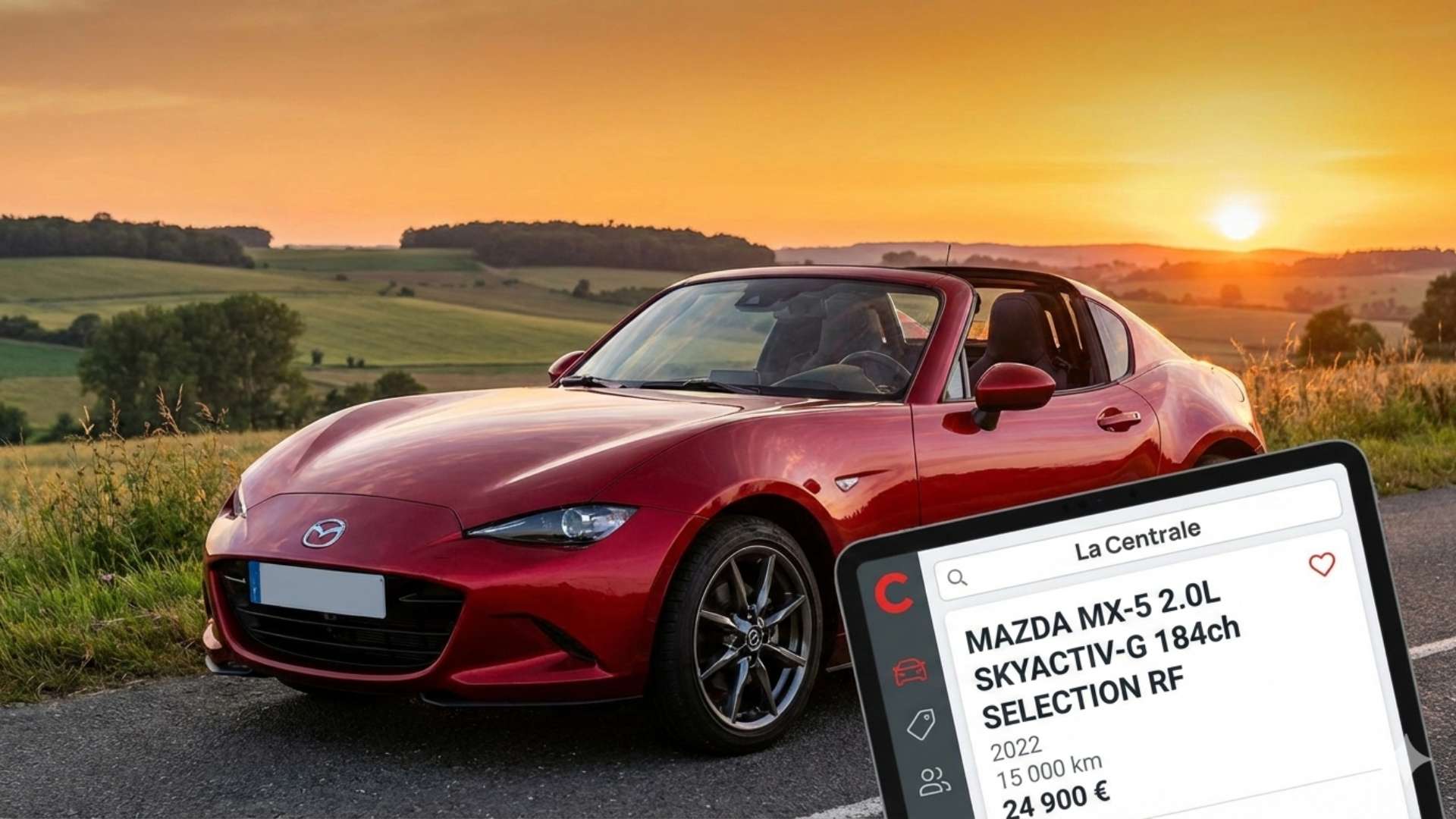 Une Mazda MX-5 rouge décapotable sur une route de campagne au coucher du soleil, avec une tablette au premier plan affichant une annonce de l'application La Centrale