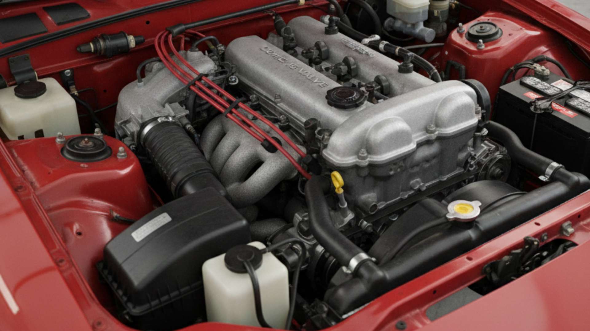 Vue détaillée du compartiment moteur d'une Mazda MX-5 NA rouge