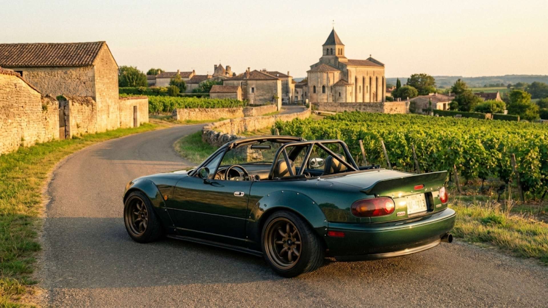 Mazda MX-5 NA verte préparée, roadster décapoté avec arceau, stationnée sur une route de campagne au milieu des vignes avec un village en pierre en arrière-plan