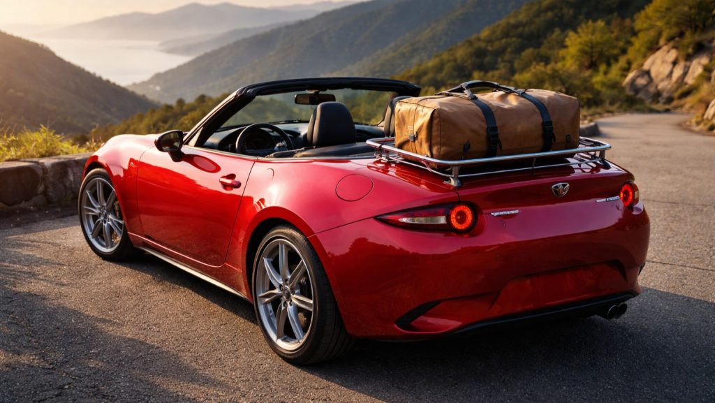 Mazda MX-5 ND rouge décapotée avec porte-bagages et sac de voyage sur route de montagne