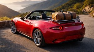 Mazda MX-5 ND rouge décapotée avec porte-bagages et sac de voyage sur route de montagne