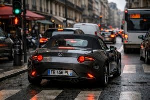 Mazda MX-5 grise en circulation urbaine sous la pluie, illustrant la consommation réelle en ville avec arrêts et redémarrages fréquents
