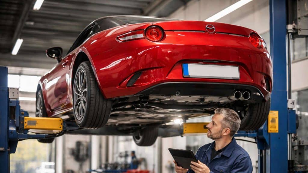 Mazda MX-5 rouge levée sur un pont élévateur lors d’un contrôle technique avec inspection du soubassement