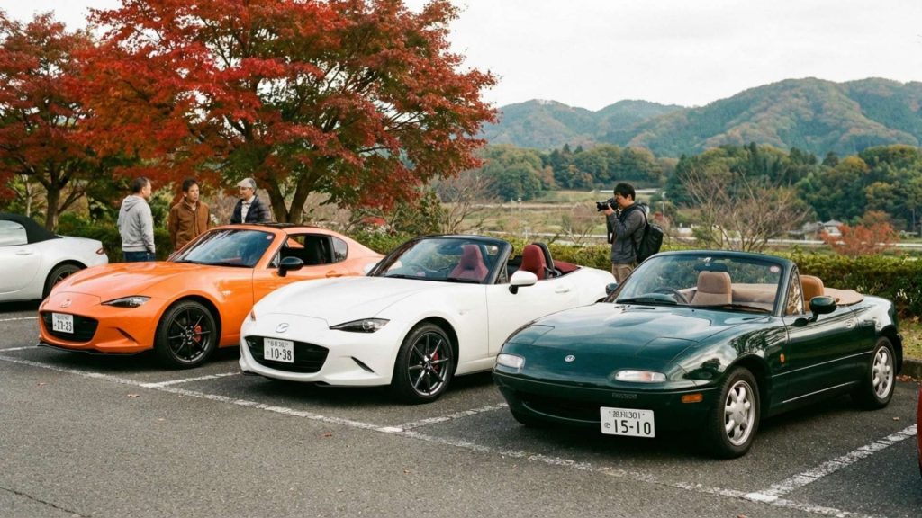 Alignement de Mazda MX-5 en éditions spéciales, incluant la 30ème Anniversaire orange et une version classique British Racing Green, lors d'un rassemblement automobile au Japon.
