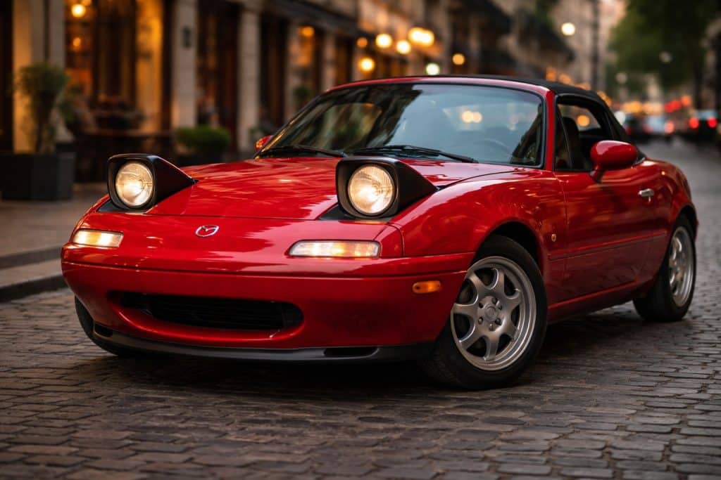 Gros plan d’une Mazda MX-5 NA rouge Mazda stationnée en ville, mettant en valeur son design iconique et ses phares escamotables.