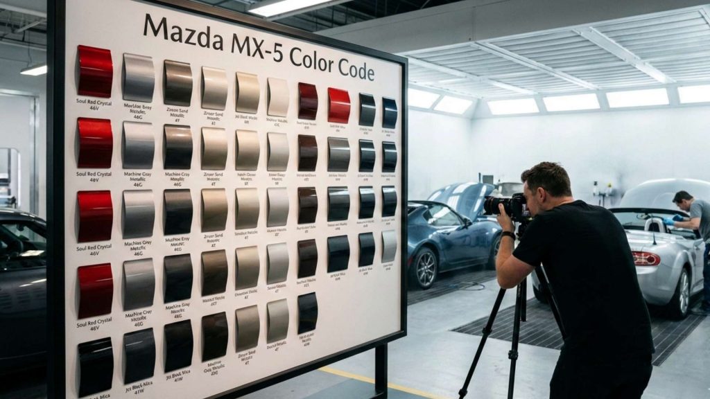 Nuancier des codes couleur Mazda MX-5 avec échantillons de peinture, photographié dans un atelier carrosserie pendant la préparation d’une MX-5.
