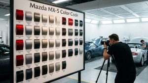 Nuancier des codes couleur Mazda MX-5 avec échantillons de peinture, photographié dans un atelier carrosserie pendant la préparation d’une MX-5.