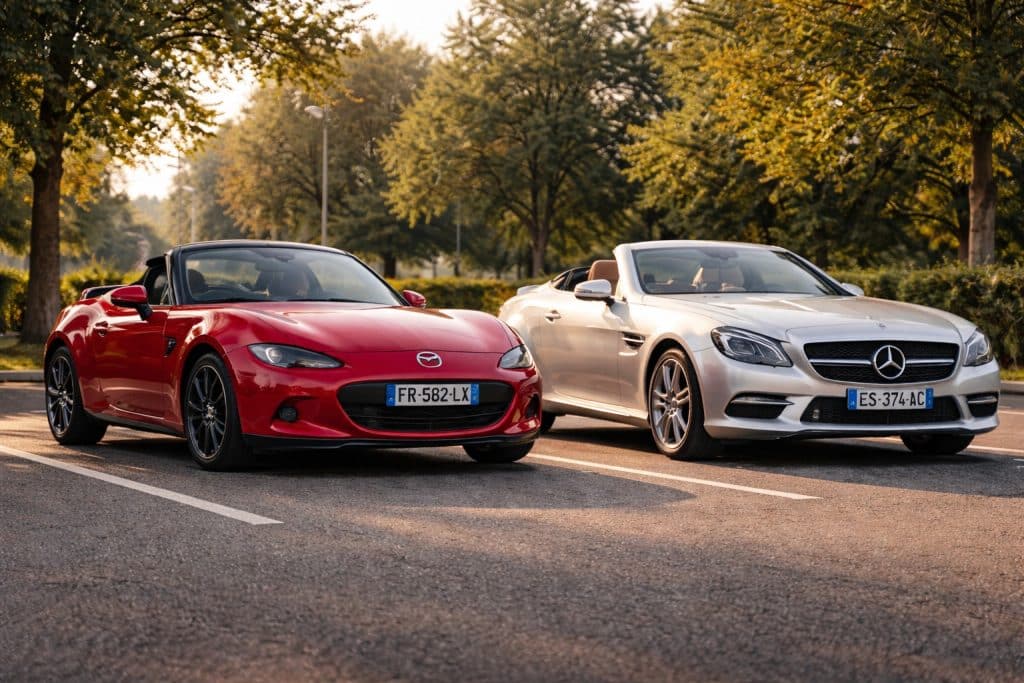 Mazda MX-5 et Mercedes SLK garées côte à côte sur une route de campagne, toit ouvert, pour illustrer un comparatif achat roadsters