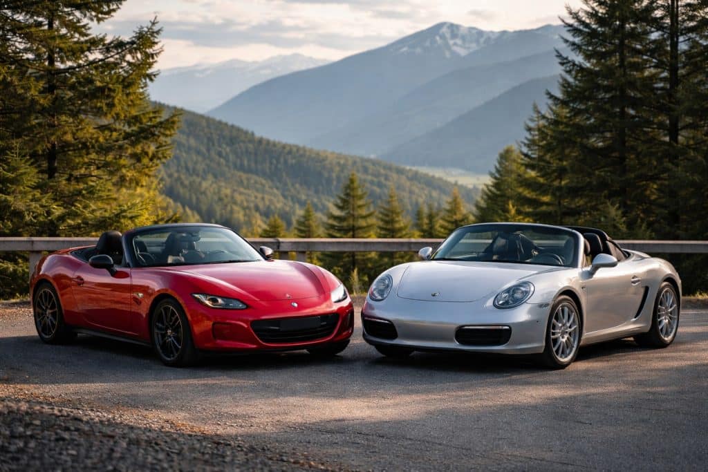 Mazda MX-5 rouge et Porsche Boxster argent côte à côte en montagne dans un décor réaliste.