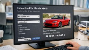 Simulateur d’estimation du prix Mazda MX-5 affiché sur un ordinateur, avec sélection de génération, état et options pour calculer une fourchette de valeur