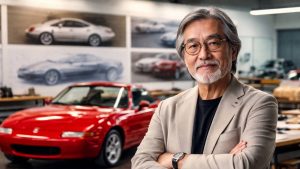 Portrait professionnel de Tom Matano, designer clé de la Mazda MX-5, devant une MX-5 NA rouge dans un studio de design