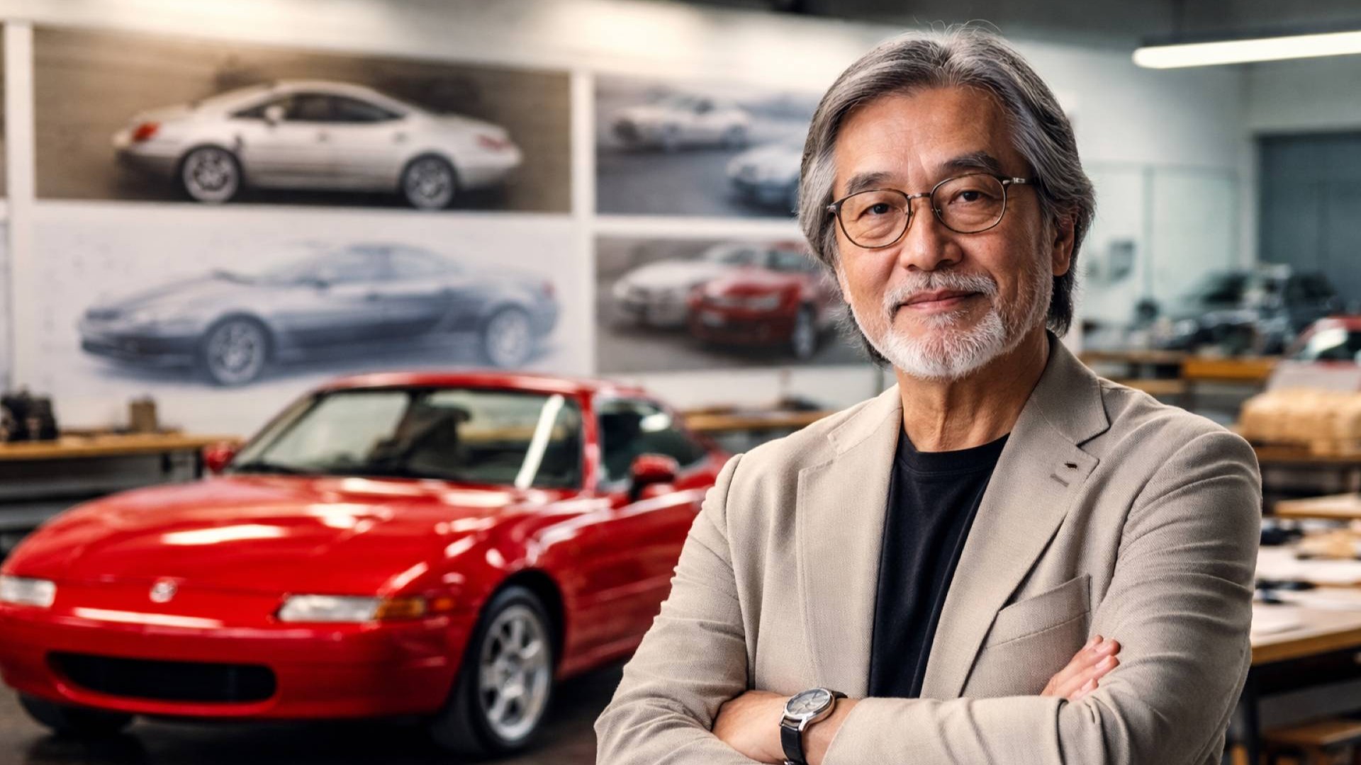 Portrait professionnel de Tom Matano, designer clé de la Mazda MX-5, devant une MX-5 NA rouge dans un studio de design