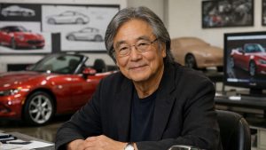 Portrait professionnel ultra réaliste de Tom Matano, designer automobile clé derrière la Mazda MX-5 (Miata), en studio sur fond neutre