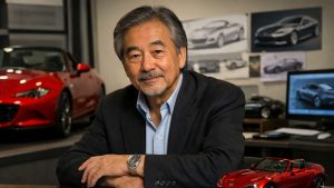 Tom Matano, designer clé de la Mazda MX-5, photographié dans un studio de design automobile avec croquis et maquette de roadster en arrière-plan.