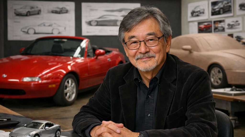 Tom Matano, designer clé de la Mazda MX-5 Miata, photographié dans un studio de design automobile avec une MX-5 NA rouge en arrière-plan