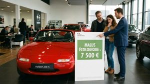 Gros plan sur le tarif d'une Mazda MX-5 en showroom incluant le détail du malus écologique sur la fiche de prix