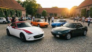 Une collection de Mazda MX-5 en éditions spéciales, incluant la 30ème Anniversaire orange et la V-Special British Racing Green, exposées lors d'un rassemblement automobile historique.