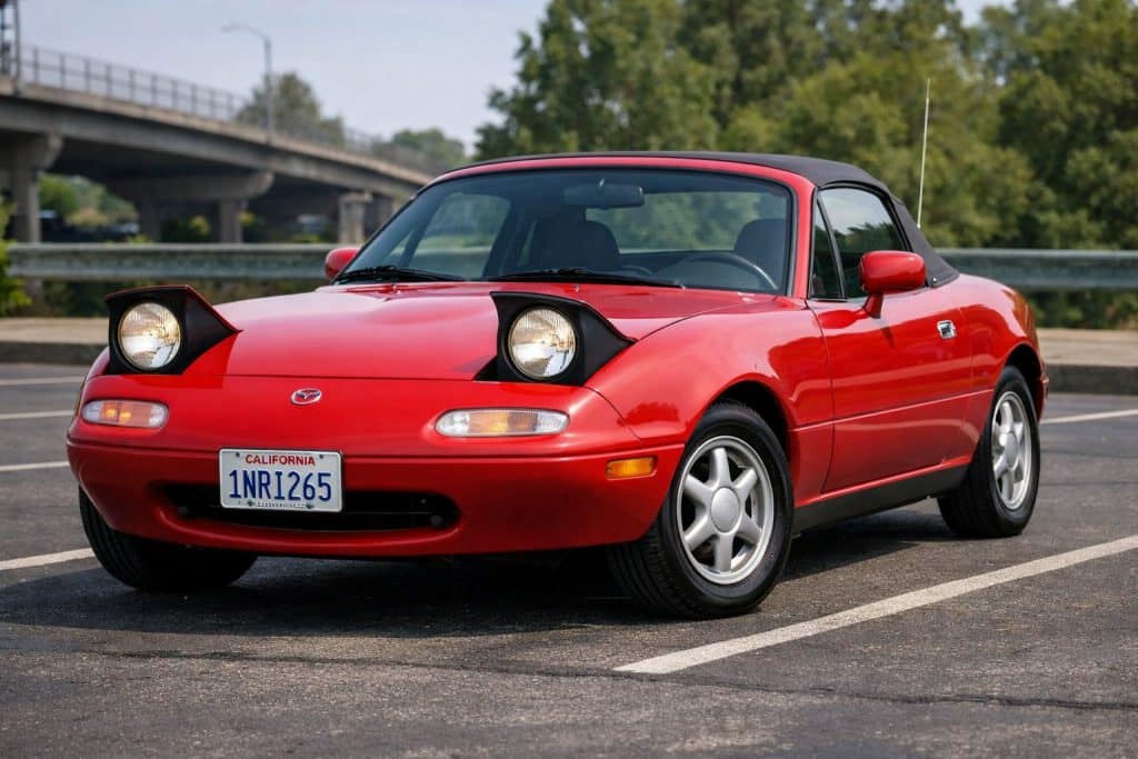Mazda MX-5 1990 (NA) rouge, roadster cabriolet 2 places, vue avant 3/4 en plein jour