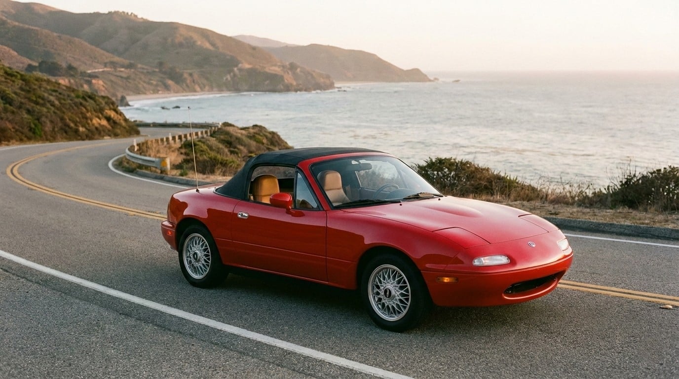 mazda_miata_na_rouge_classique_roulant_sur_une_route_cotiere_au_coucher_du_soleil